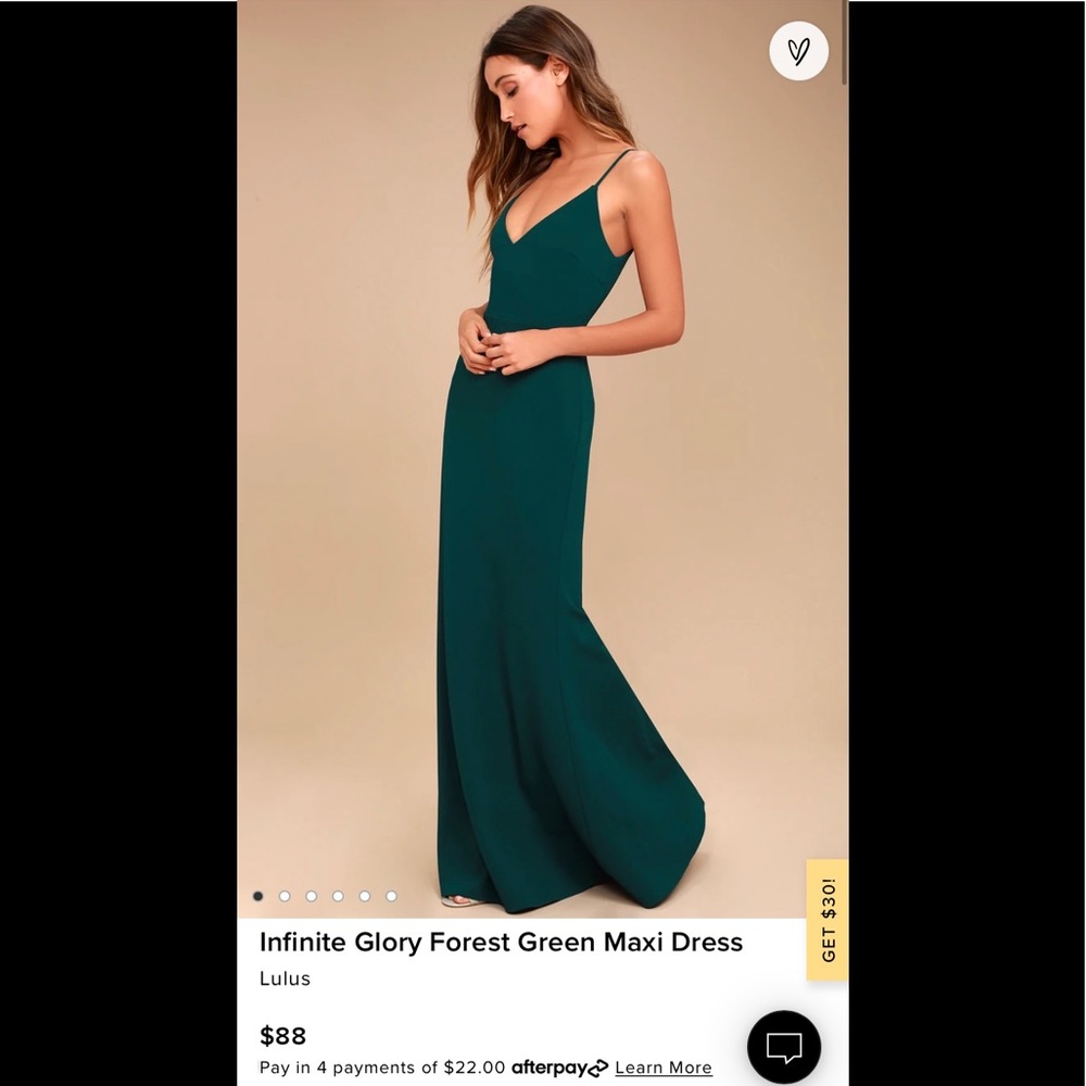 Lulus infinity glory forest green maxi dress size medium; never worn